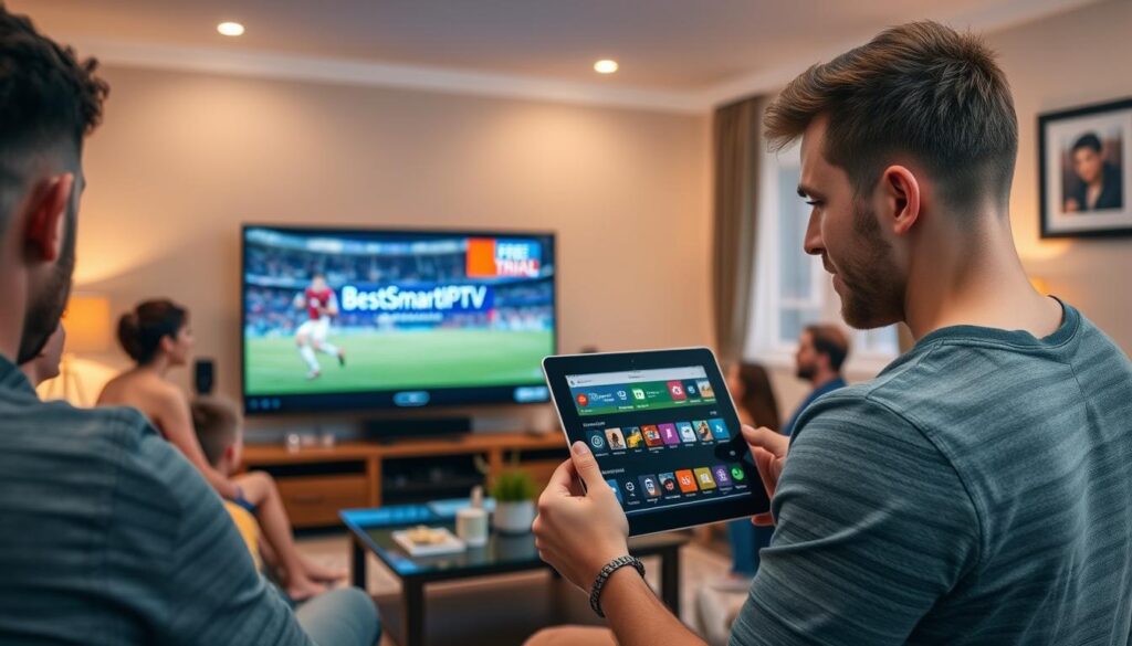 A cozy living room with a group of people watching a football match on a large Smart TV. The TV screen displays the "BestSmartIPTV" logo, suggesting a free trial offer. In the foreground, a young man holds a tablet, browsing through IPTV apps. The room is well-lit, with warm, inviting lighting that creates a comfortable, relaxed atmosphere. The scene captures the experience of an American expat in the UK enjoying a free IPTV trial.