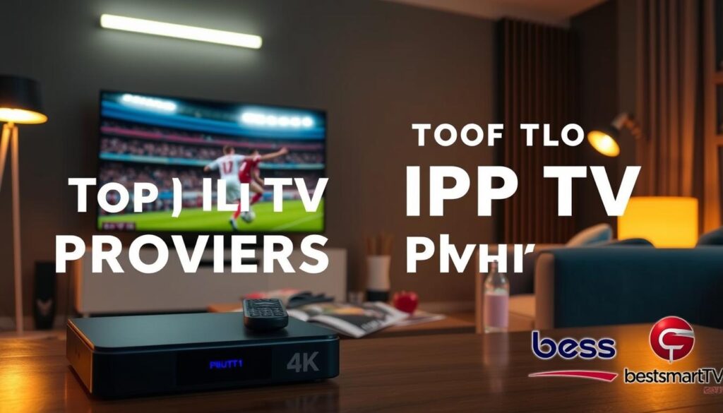 A sleek and modern image showcasing the top IPTV providers in the UK for 2025. Set in a living room with a large 4K smart TV displaying a live football match, the scene is bathed in warm lighting from floor lamps and a wall-mounted LED light fixture. In the foreground, a high-end streaming device, presumably the &amp;quot;bestsmartiptv&amp;quot; brand, is prominently displayed, surrounded by remote controls and other home entertainment accessories. The middle ground features a cozy sofa and a coffee table with magazines and snacks, creating a comfortable viewing experience. The background subtly hints at the provider's branding and logos, blending seamlessly into the overall aesthetic.