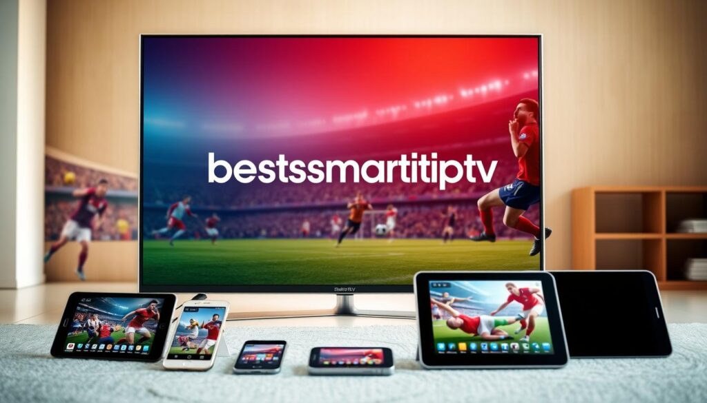 A sleek, modern flat-screen smart TV prominently displayed, showcasing the bestsmartiptv brand name. In the foreground, various mobile devices such as smartphones and tablets are arranged, all connected and streaming live sports content. The background features a lively football match, with players in action and the crowd cheering. The lighting is bright and clean, with a warm, inviting color palette. The overall composition conveys a sense of seamless device compatibility and multi-screen support for the ultimate IPTV viewing experience.